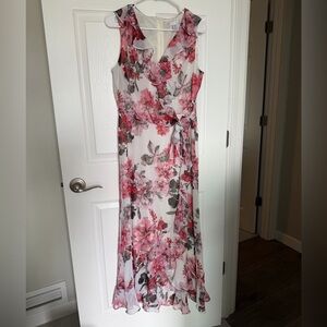 London Times Pink Floral Ruffle Wrap Maxi Dress